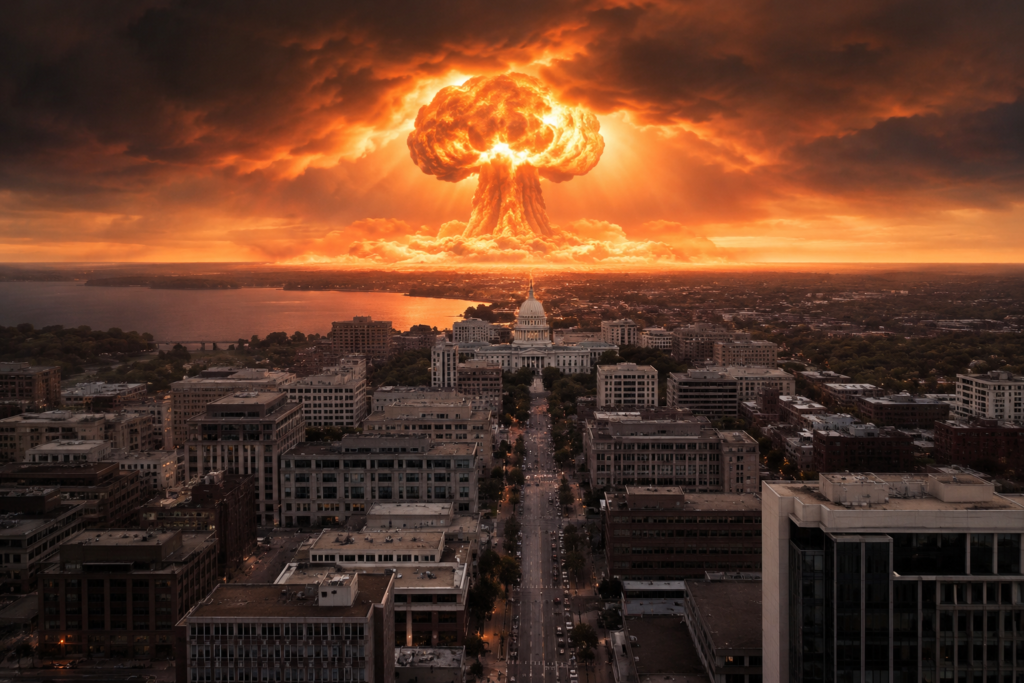A view of a state capitol as a nuclear bomb detonates in the United States.